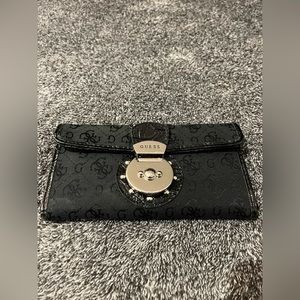 Guess Monogram Black Wallet With Patent Snakeskin Trim and Interior